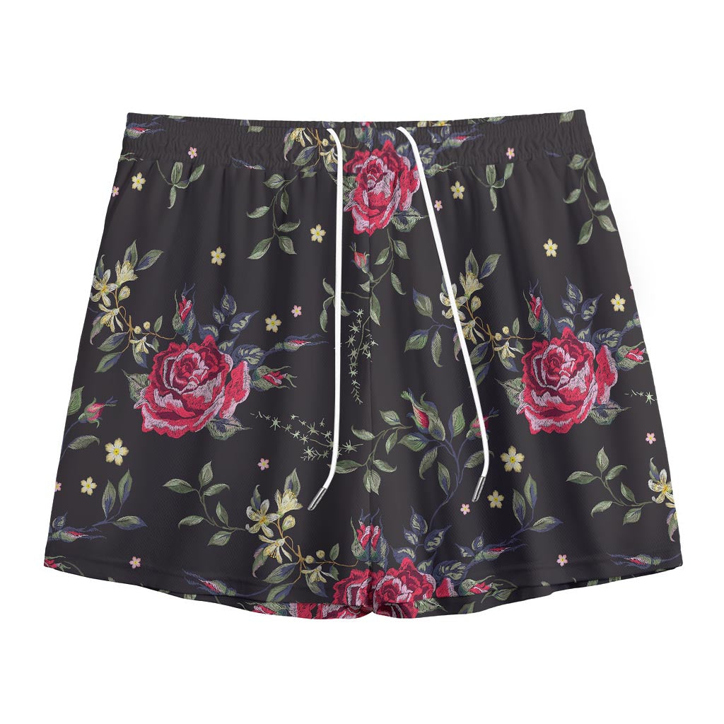 Red Rose Floral Pattern Print Mesh Shorts