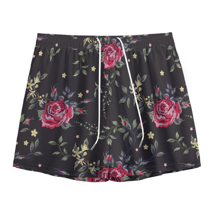 Red Rose Floral Pattern Print Mesh Shorts