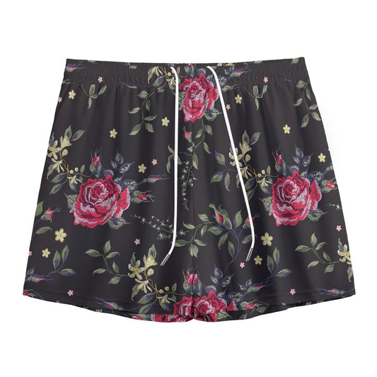 Red Rose Floral Pattern Print Mesh Shorts