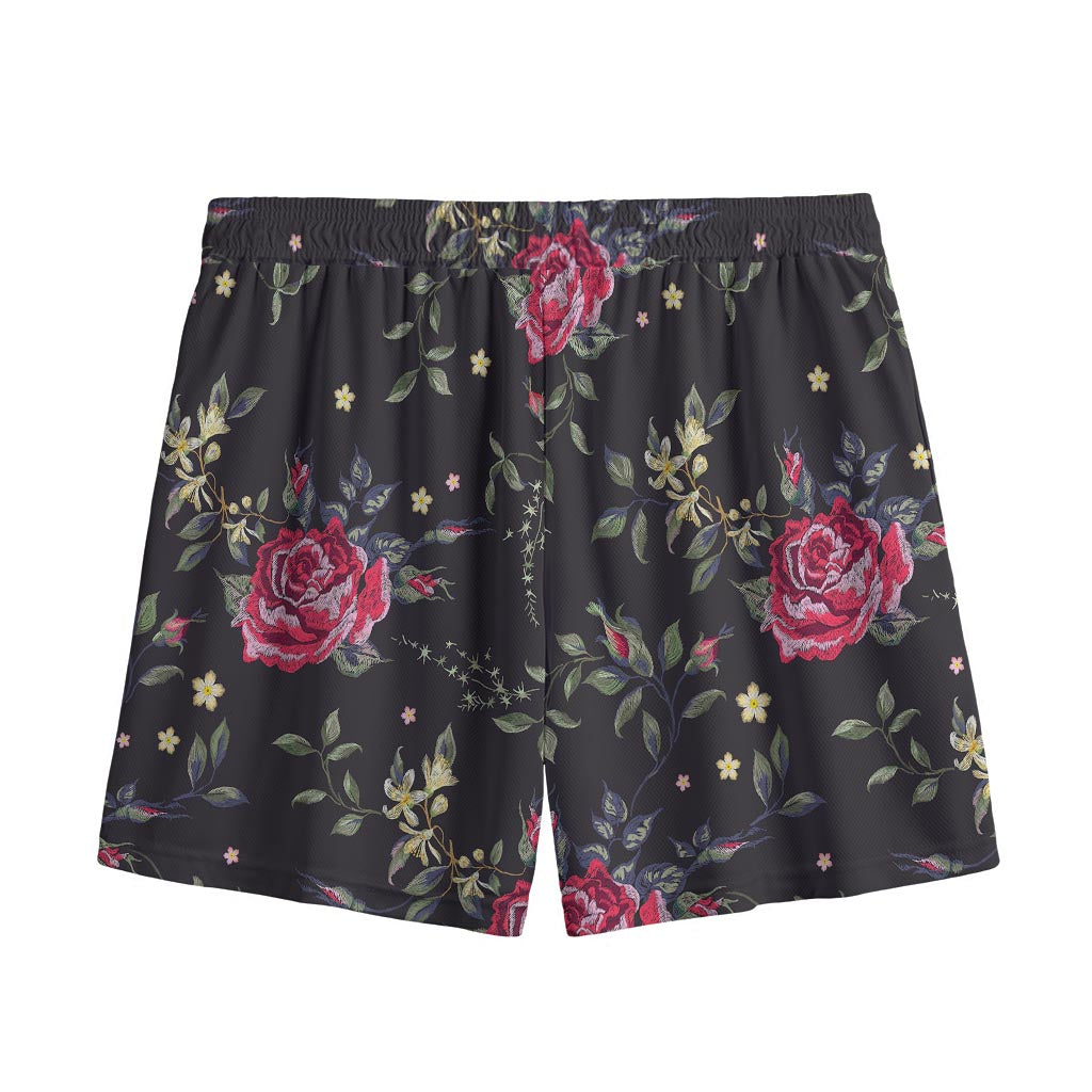 Red Rose Floral Pattern Print Mesh Shorts