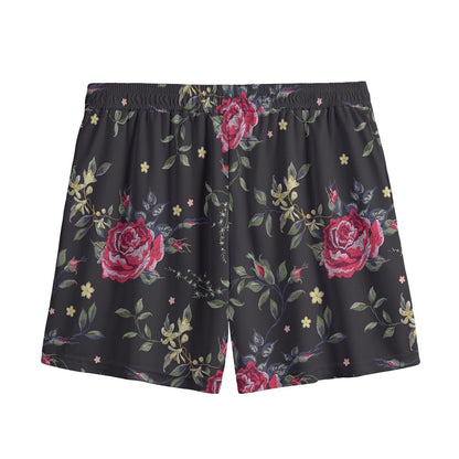 Red Rose Floral Pattern Print Mesh Shorts