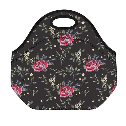 Red Rose Floral Pattern Print Neoprene Lunch Bag