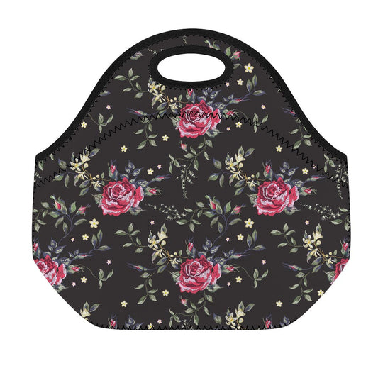 Red Rose Floral Pattern Print Neoprene Lunch Bag