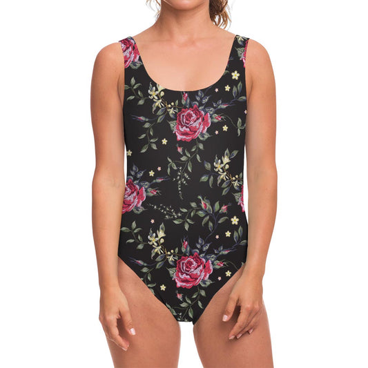 Red Rose Floral Pattern Print One Piece Swimsuit