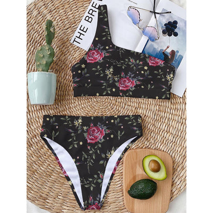 Red Rose Floral Pattern Print One Shoulder Bikini Top