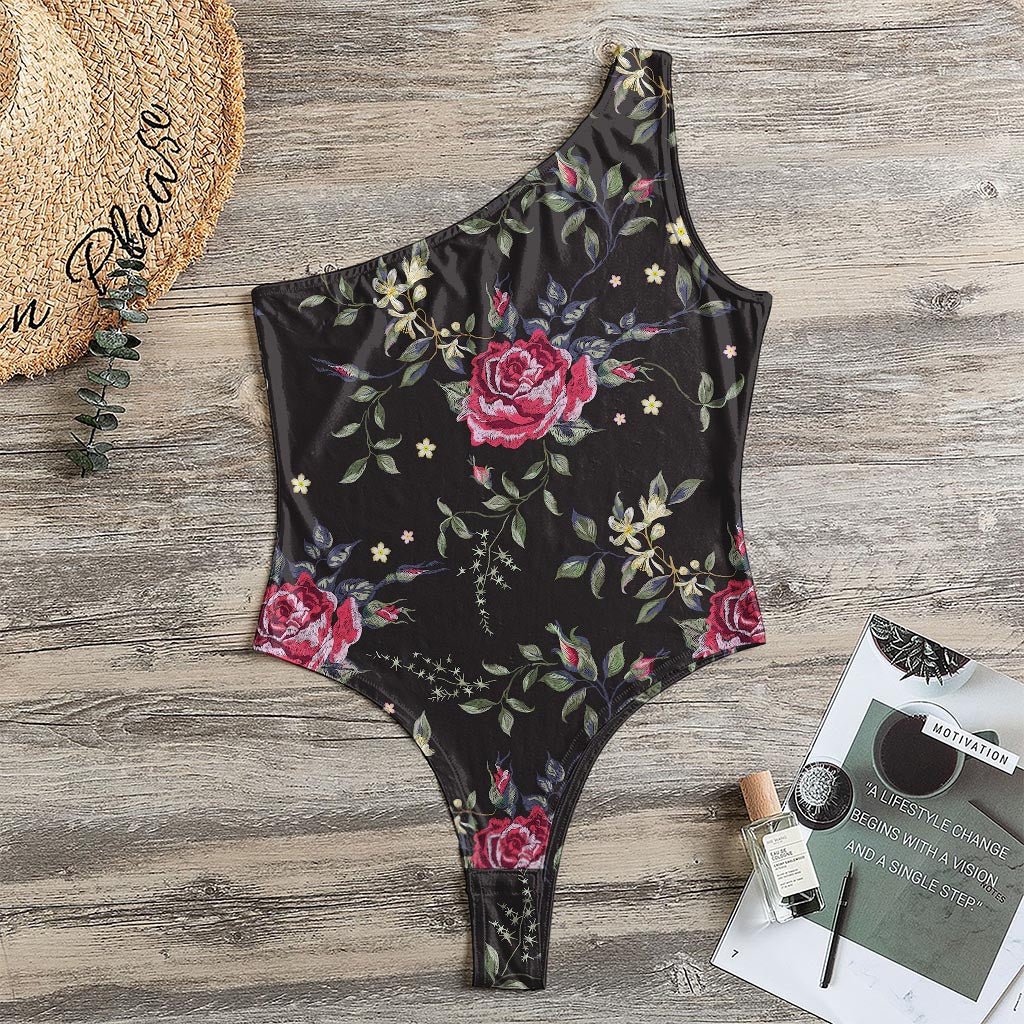 Red Rose Floral Pattern Print One Shoulder Bodysuit