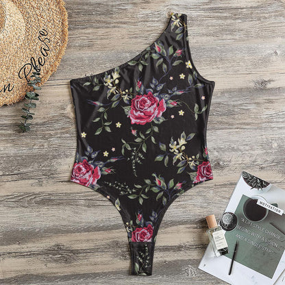 Red Rose Floral Pattern Print One Shoulder Bodysuit