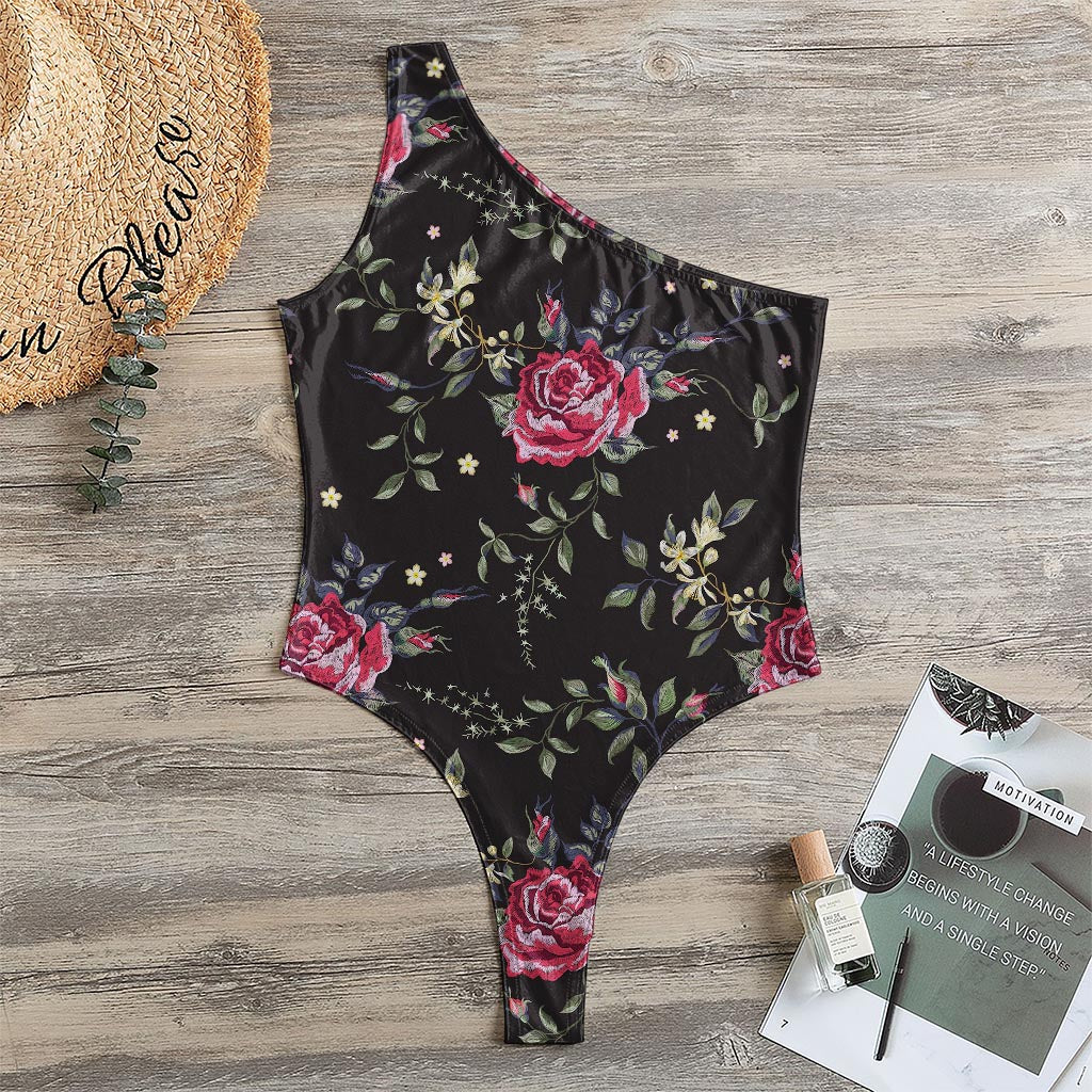 Red Rose Floral Pattern Print One Shoulder Bodysuit