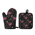Red Rose Floral Pattern Print Oven Mitt And Pot Holder Set