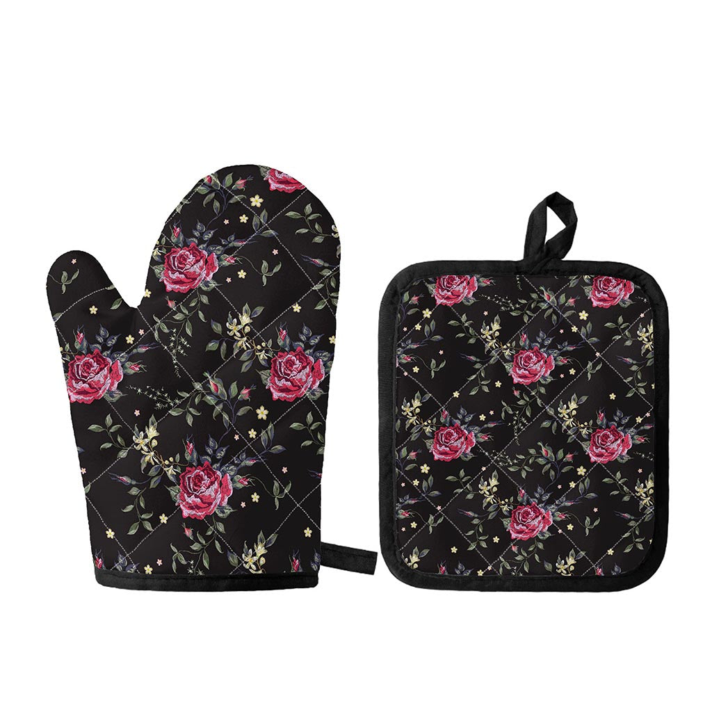 Red Rose Floral Pattern Print Oven Mitt And Pot Holder Set