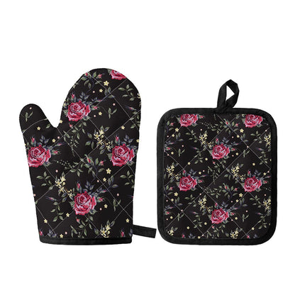 Red Rose Floral Pattern Print Oven Mitt And Pot Holder Set