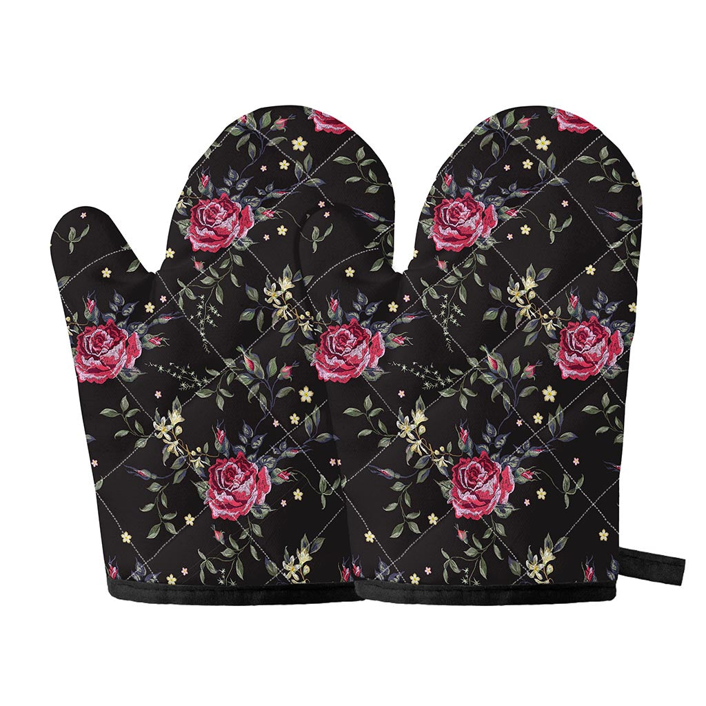 Red Rose Floral Pattern Print Oven Mitts