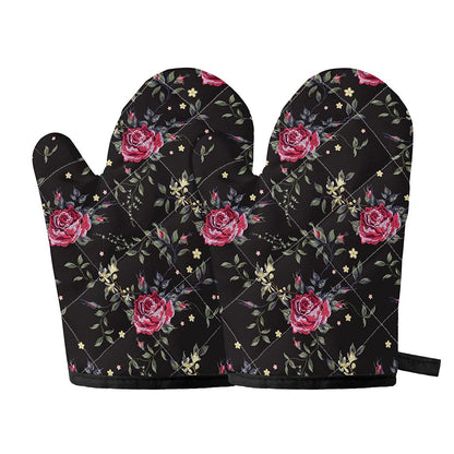 Red Rose Floral Pattern Print Oven Mitts