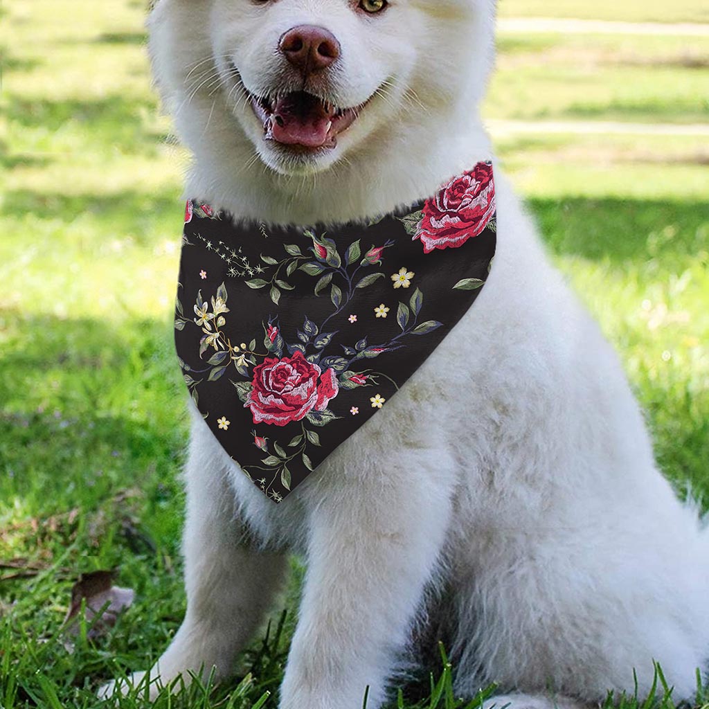 Red Rose Floral Pattern Print Over The Collar Dog Bandana