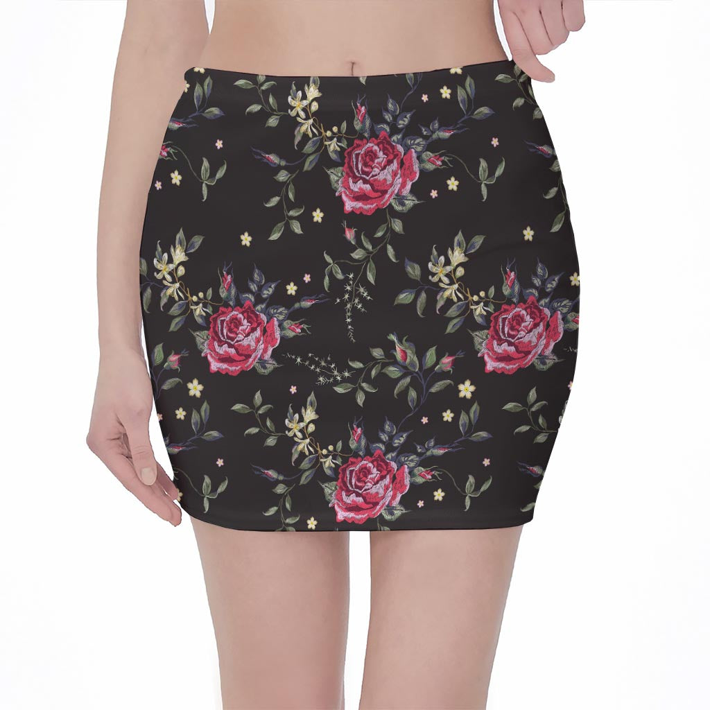 Red Rose Floral Pattern Print Pencil Mini Skirt
