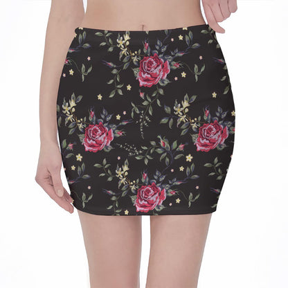 Red Rose Floral Pattern Print Pencil Mini Skirt