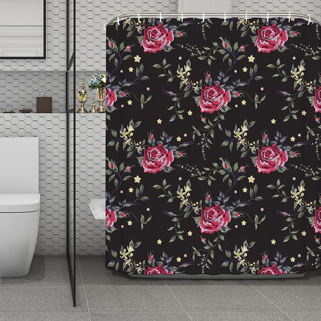 Red Rose Floral Pattern Print Polyester Shower Curtain