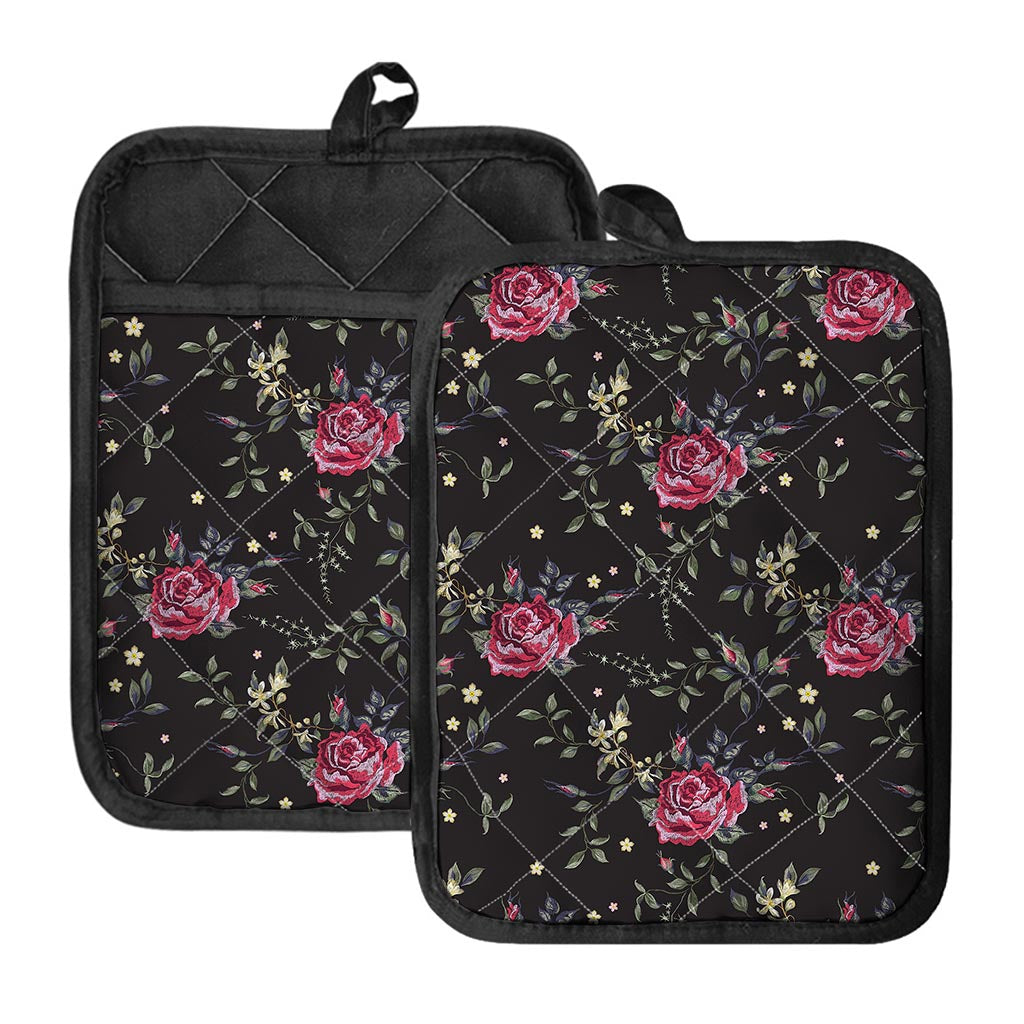 Red Rose Floral Pattern Print Pot Holders With Pocket