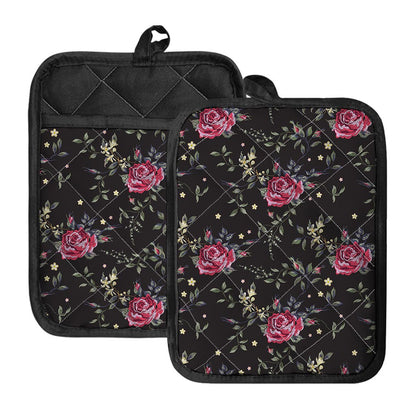 Red Rose Floral Pattern Print Pot Holders With Pocket