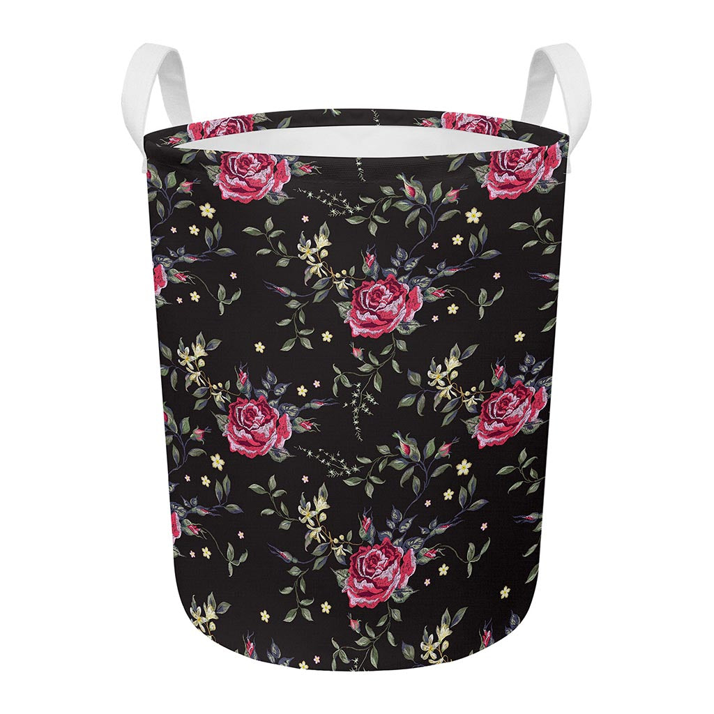Red Rose Floral Pattern Print Round Laundry Basket