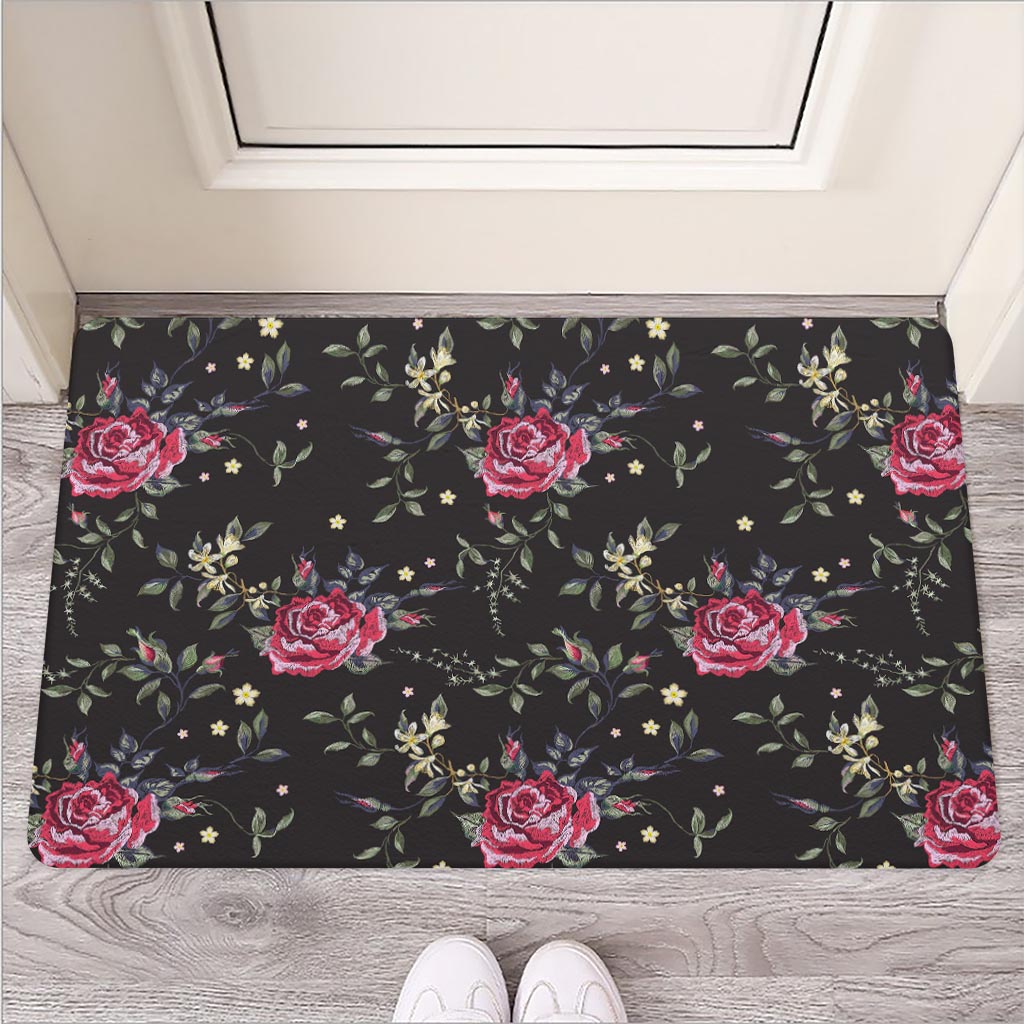 Red Rose Floral Pattern Print Rubber Doormat