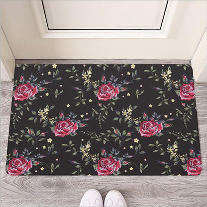 Red Rose Floral Pattern Print Rubber Doormat