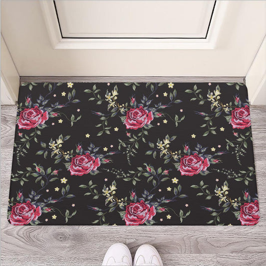Red Rose Floral Pattern Print Rubber Doormat