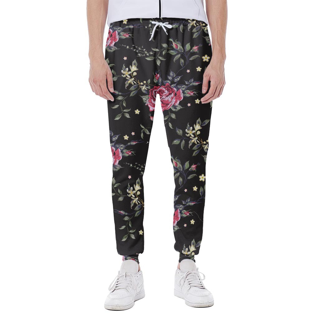 Red Rose Floral Pattern Print Scuba Joggers