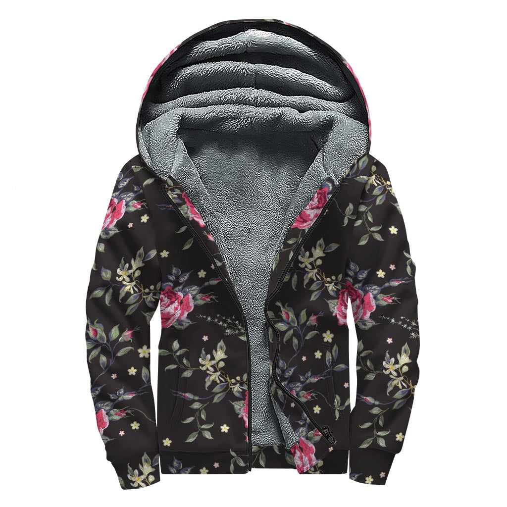 Red Rose Floral Pattern Print Sherpa Lined Zip Up Hoodie