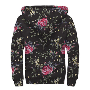 Red Rose Floral Pattern Print Sherpa Lined Zip Up Hoodie