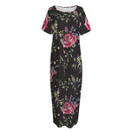 Red Rose Floral Pattern Print Short Sleeve Long Nightdress