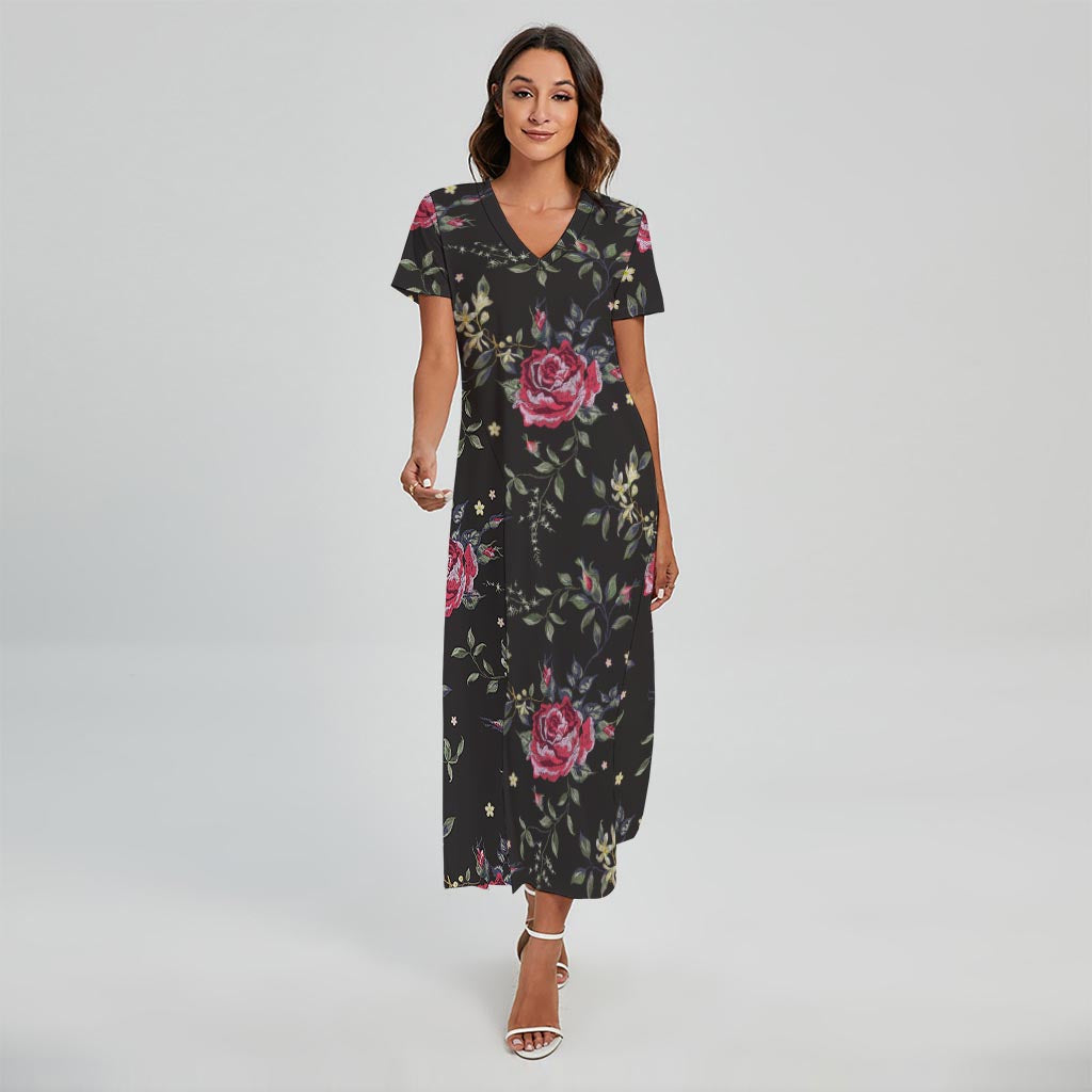 Red Rose Floral Pattern Print Short Sleeve Maxi Dress