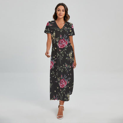 Red Rose Floral Pattern Print Short Sleeve Maxi Dress