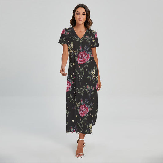 Red Rose Floral Pattern Print Short Sleeve Maxi Dress