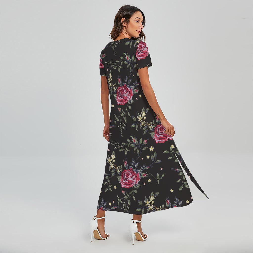Red Rose Floral Pattern Print Short Sleeve Maxi Dress