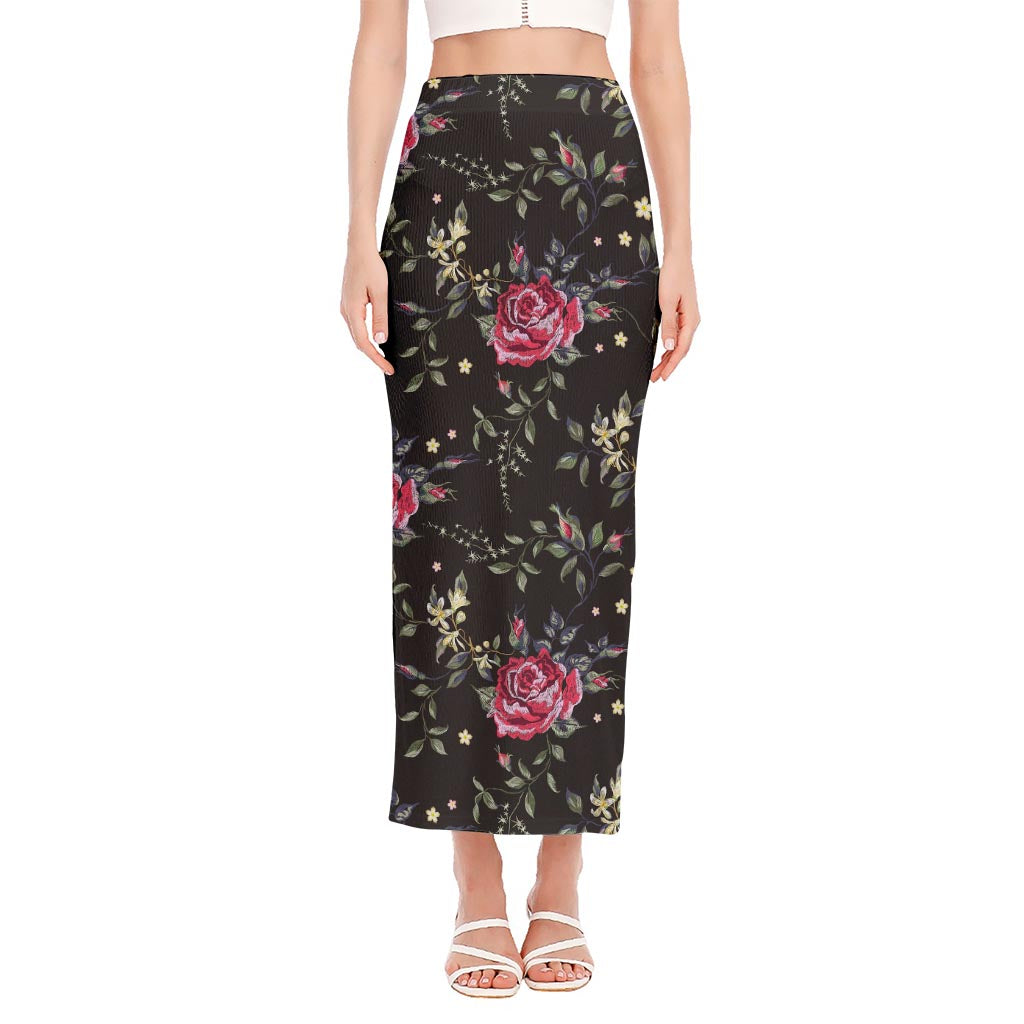 Red Rose Floral Pattern Print Side Slit Maxi Skirt
