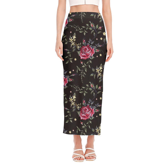 Red Rose Floral Pattern Print Side Slit Maxi Skirt