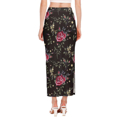 Red Rose Floral Pattern Print Side Slit Maxi Skirt