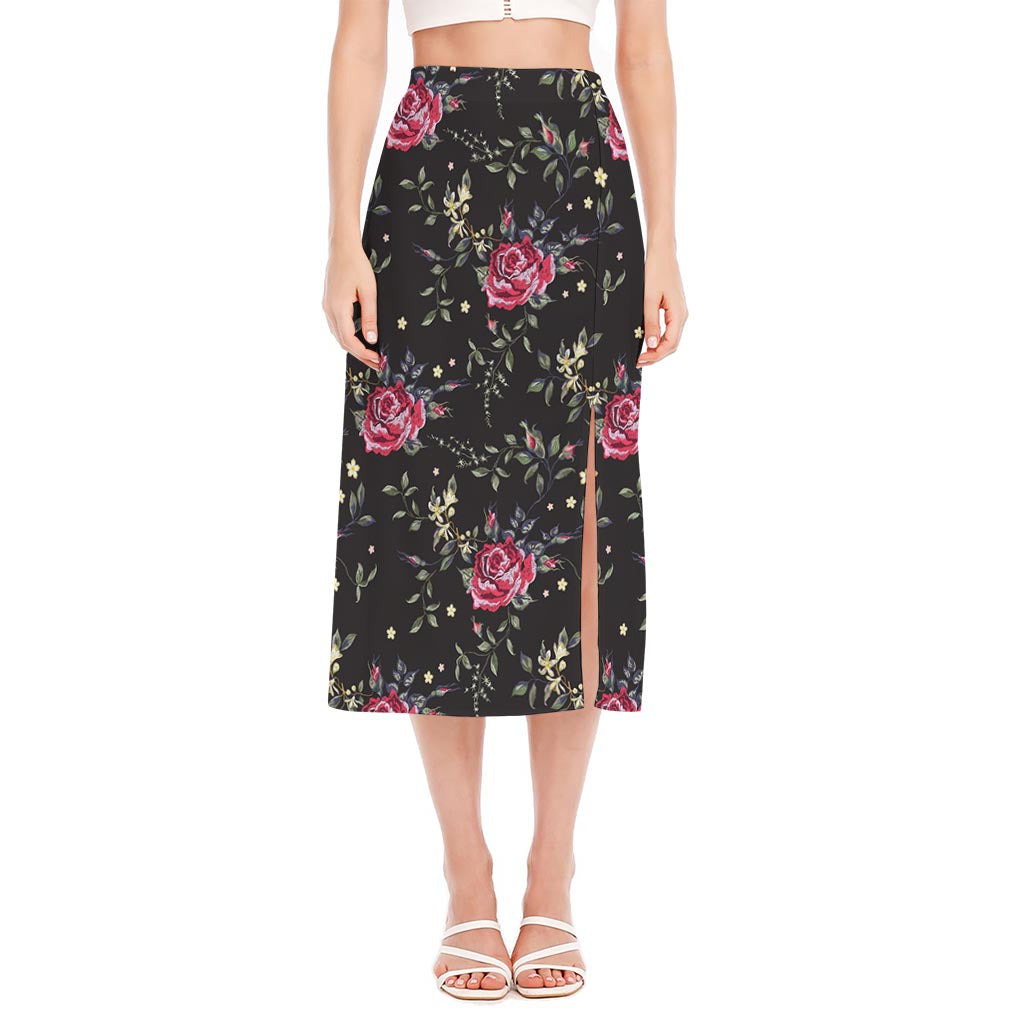 Red Rose Floral Pattern Print Side Slit Midi Skirt