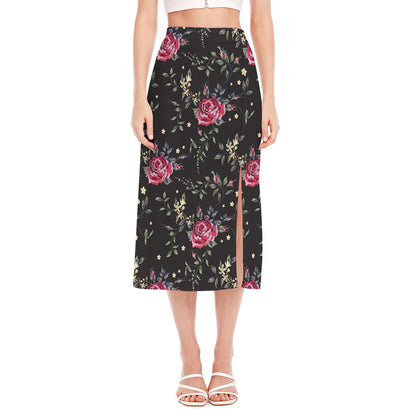Red Rose Floral Pattern Print Side Slit Midi Skirt