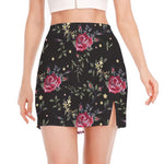 Red Rose Floral Pattern Print Side Slit Mini Skirt