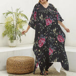 Red Rose Floral Pattern Print Silk V-Neck Kaftan Dress