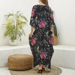 Red Rose Floral Pattern Print Silk V-Neck Kaftan Dress