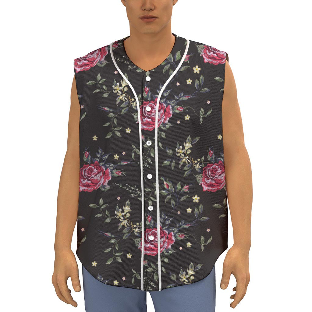 Red Rose Floral Pattern Print Sleeveless Baseball Jersey