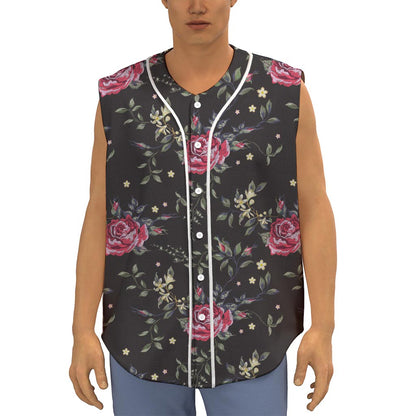 Red Rose Floral Pattern Print Sleeveless Baseball Jersey