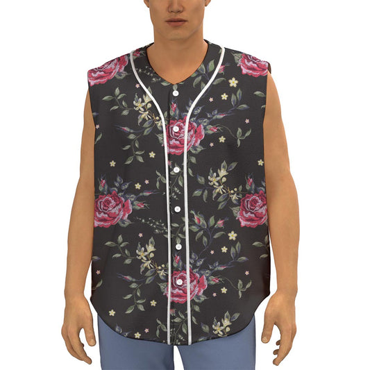 Red Rose Floral Pattern Print Sleeveless Baseball Jersey