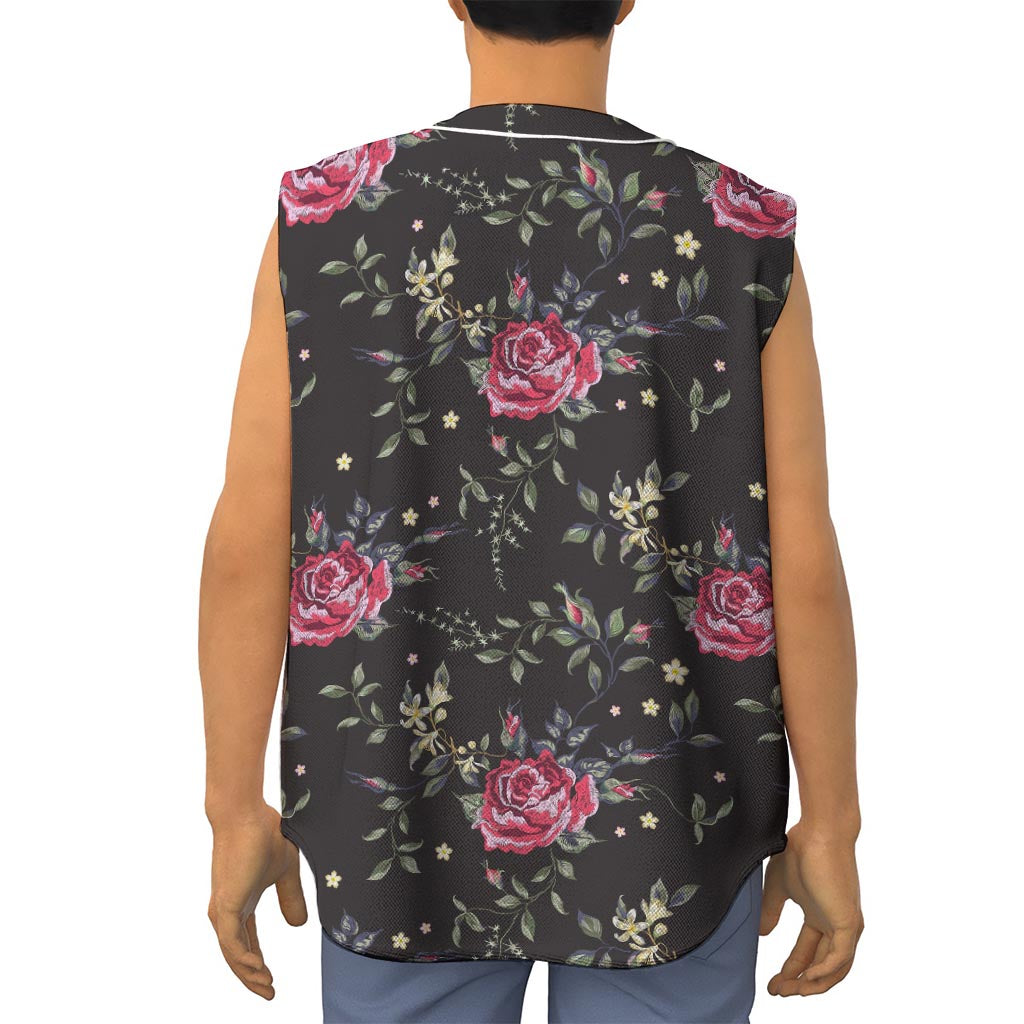 Red Rose Floral Pattern Print Sleeveless Baseball Jersey
