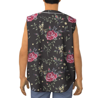 Red Rose Floral Pattern Print Sleeveless Baseball Jersey