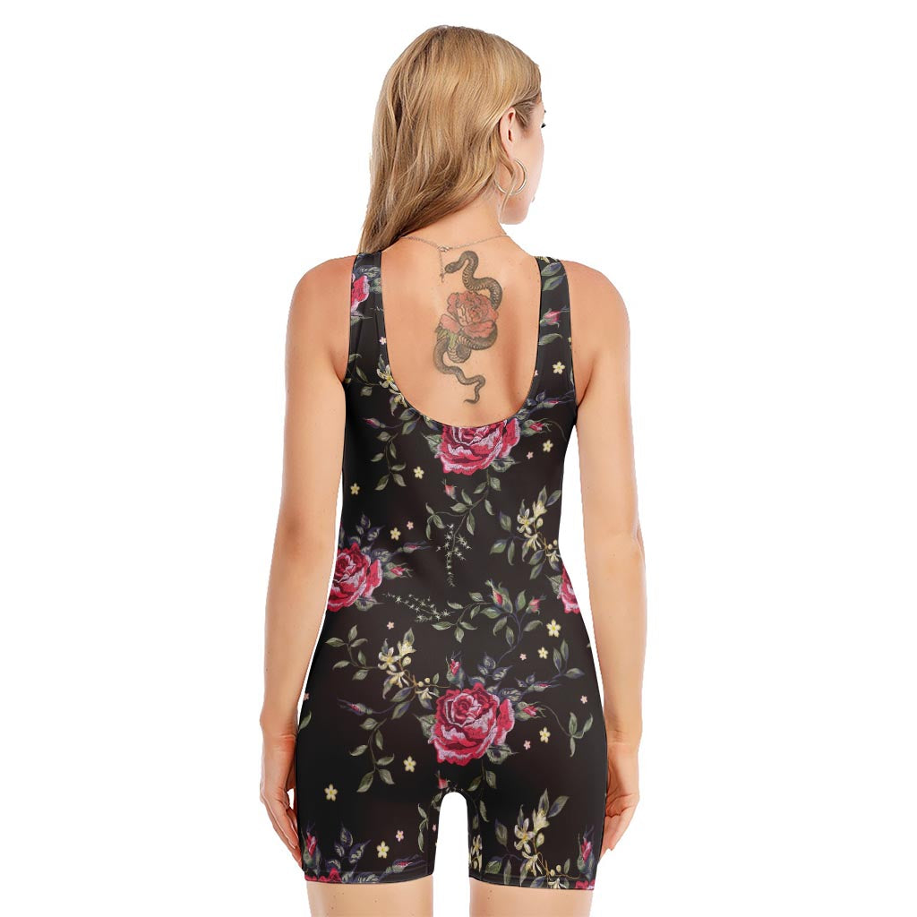 Red Rose Floral Pattern Print Sleeveless One Piece Swimsuit