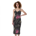 Red Rose Floral Pattern Print Slim Fit Midi Cami Dress